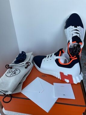 Hermes Depart Bouncing Leather Sneaker Men 42.5 White/Navy Blue/Orange